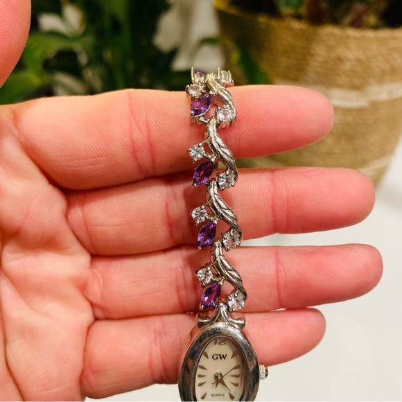 Vintage Gem Watch Sterling Silver Mother Of Pearl Face Amethyst Bracelet 7.5” - Picture 9 of 11